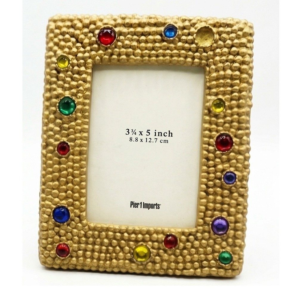 Vtg. Pier 1 Imports Gold Beaded Jeweled Photo Frame 3.5x5 Boho Eclectic Decor